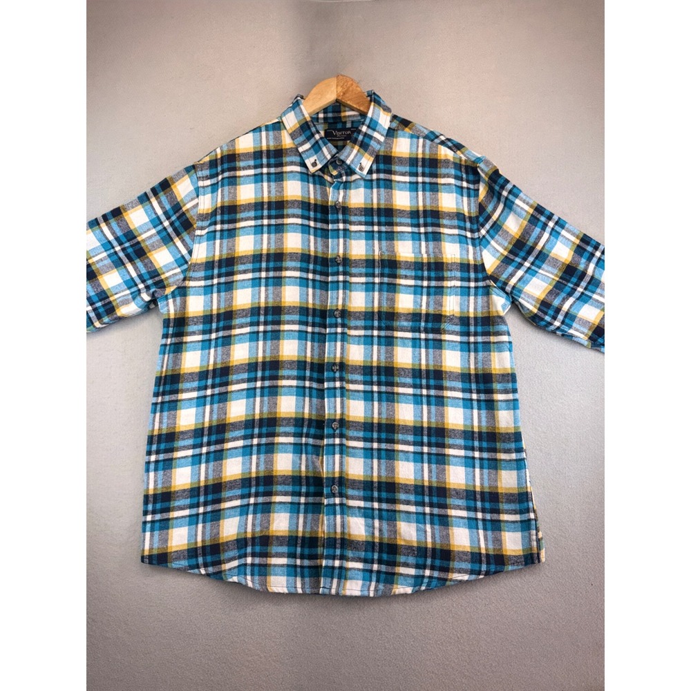 Visitor Premium Mens XL Blue Yellow Plaid Flannel Button Down Shirt Long Sleeve